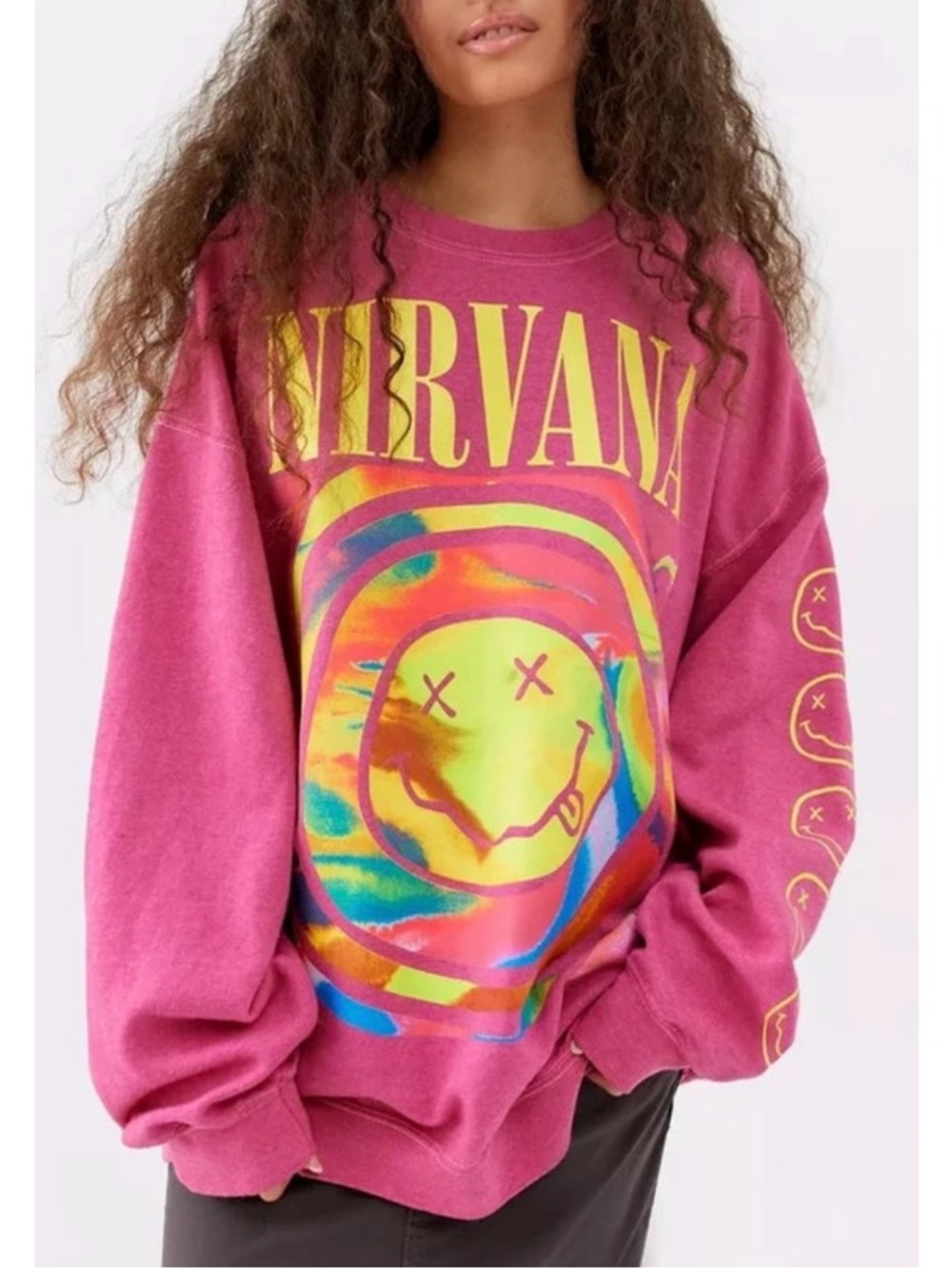 Urban Outfitters x Nirvana Smiley Face Magenta Pink Crewneck Sweatshirt S/M